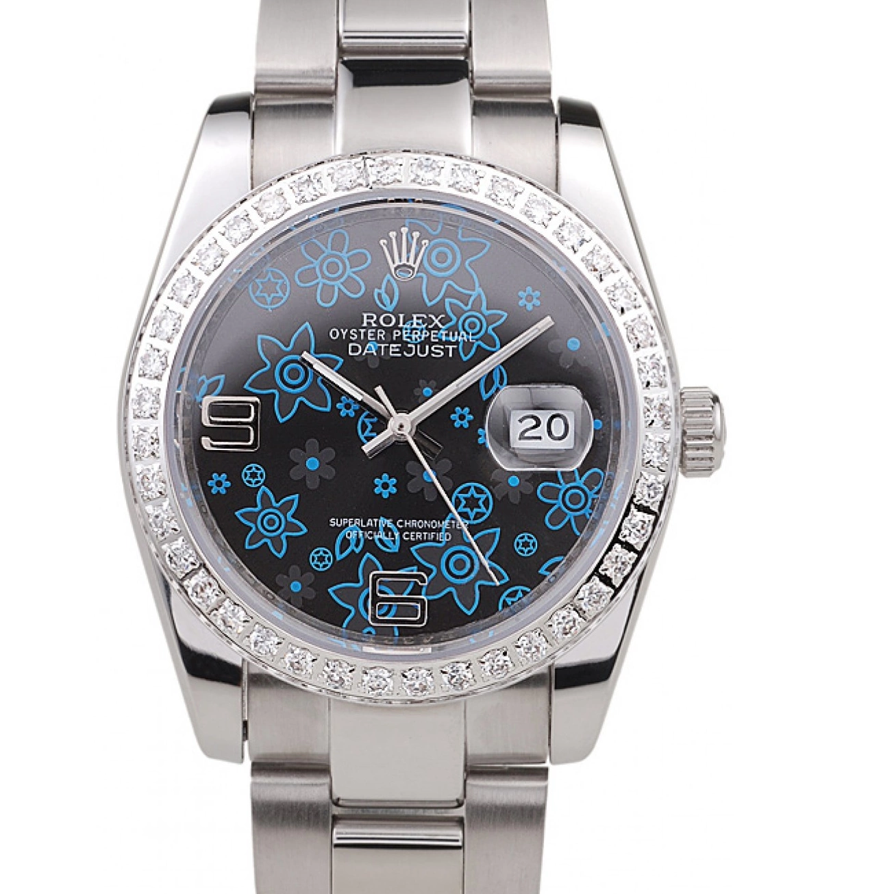 Rolex copies cheap Diamond Rolex Datejust Stainless Steel Plated Flowers Polished Dial Blue Dark 0528